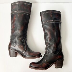 Vintage Frye Knee High Boots Size 7 Brown Leather Jane Western Stacked Heel Boho